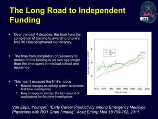 The Long Road to Independent
Funding
Over the past 4 decades, the time from theOver the past 4 decades, the time from the
completion of training to awarding of one’scompletion of training to awarding of one’s
first R01 has lengthened significantly.first R01 has lengthened significantly.
The time from completion of residency toThe time from completion of residency to
receipt of this funding is on average longerreceipt of this funding is on average longer
than the time spent in medical school andthan the time spent in medical school and
residencyresidency
This hasn’t escaped the NIH’s noticeThis hasn’t escaped the NIH’s notice

Recent changes to ranking system to promoteRecent changes to ranking system to promote
first time investigatorsfirst time investigators

New changes to shorten the turn around ofNew changes to shorten the turn around of
applications for first time investigatorsapplications for first time investigators
Van Epps, Younger: “Early Career Productivity among Emergency Medicine
Physicians with RO1 Grant funding”, Acad Emerg Med 18:759-762, 2011
 