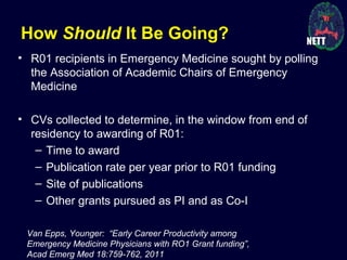 How Should It Be Going?
• R01 recipients in Emergency Medicine sought by polling
the Association of Academic Chairs of Emergency
Medicine
• CVs collected to determine, in the window from end of
residency to awarding of R01:
– Time to award
– Publication rate per year prior to R01 funding
– Site of publications
– Other grants pursued as PI and as Co-I
Van Epps, Younger: “Early Career Productivity among
Emergency Medicine Physicians with RO1 Grant funding”,
Acad Emerg Med 18:759-762, 2011
 