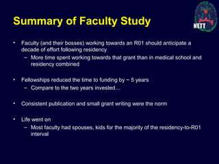 Summary of Faculty Study
• Faculty (and their bosses) working towards an R01 should anticipate a
decade of effort following residency
– More time spent working towards that grant than in medical school and
residency combined
• Fellowships reduced the time to funding by ~ 5 years
– Compare to the two years invested…
• Consistent publication and small grant writing were the norm
• Life went on
– Most faculty had spouses, kids for the majority of the residency-to-R01
interval
 