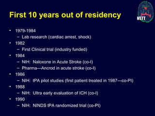 First 10 years out of residency
• 1979-1984
– Lab research (cardiac arrest, shock)
• 1982
– First Clinical trial (industry funded)
• 1984
– NIH: Naloxone in Acute Stroke (co-I)
– Pharma—Ancrod in acute stroke (co-I)
• 1986
– NIH: tPA pilot studies (first patient treated in 1987—co-PI)
• 1988
– NIH: Ultra early evaluation of ICH (co-I)
• 1990
– NIH: NINDS tPA randomized trial (co-PI)
 