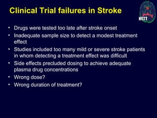 Clinical Trial failures in Stroke
• Drugs were tested too late after stroke onset
• Inadequate sample size to detect a modest treatment
effect
• Studies included too many mild or severe stroke patients
in whom detecting a treatment effect was difficult
• Side effects precluded dosing to achieve adequate
plasma drug concentrations
• Wrong dose?
• Wrong duration of treatment?
 