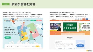 ToshoTosho （会員向け検索システム）
図書館のスタッフ向けの選書サイト。書籍情報を日次で自動取得しサイト上
に掲載し、書籍検索システムを開発しました。 https://toshotosho.jp/
for-us （求人マッチングプラットフォーム）
福岡医師会運営の求人マッチングプラットフォーム。医療機関と求職者は相
互に検索でき、スカウトの仕組みを開発しました。 https://for-us.co.jp/
事例紹介
多彩な表現を実現
 