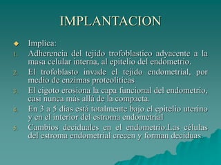 IMPLANTACION
 Implica:
1. Adherencia del tejido trofoblastico adyacente a la
masa celular interna, al epitelio del endometrio.
2. El trofoblasto invade el tejido endometrial, por
medio de enzimas proteolíticas
3. El cigoto erosiona la capa funcional del endometrio,
casi nunca más allá de la compacta.
4. En 3 a 5 días está totalmente bajo el epitelio uterino
y en el interior del estroma endometrial
5. Cambios deciduales en el endometrio.Las células
del estroma endometrial crecen y forman deciduas.
 