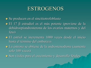 ESTROGENOS
 Se producen en el sincitiotrofoblasto
 El 17 β estradiol es el más potente (proviene de la
dehidroepiandrosterona de los ovarios maternos y del
feto)
 El estriol se incrementa 1000 veces desde el inicio
hasta el término del embarazo.
 La estrona se obtiene de la androstenodiona (aumenta
solo 100 veces)
 Son vitales para el crecimiento y desarrollo fetales.
 