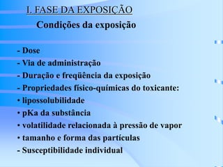 I. FASE DA EXPOSIÇÃO 
Condições da exposição 
- Dose 
- Via de administração 
- Duração e freqüência da exposição 
- Propriedades físico-químicas do toxicante: 
• lipossolubilidade 
• pKa da substância 
• volatilidade relacionada à pressão de vapor 
• tamanho e forma das partículas 
- Susceptibilidade individual 
 