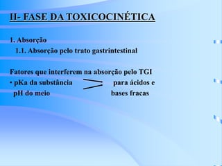II- FASE DA TOXICOCINÉTICA 
1. Absorção 
1.1. Absorção pelo trato gastrintestinal 
Fatores que interferem na absorção pelo TGI 
• pKa da substância para ácidos e 
pH do meio bases fracas 
 