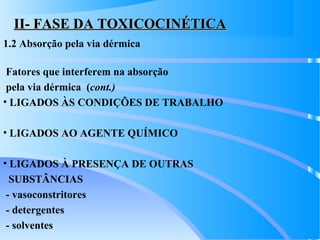 II- FASE DA TOXICOCINÉTICAII- FASE DA TOXICOCINÉTICA
1.2 Absorção pela via dérmica
Fatores que interferem na absorção
pela via dérmica (cont.)
• LIGADOS ÀS CONDIÇÕES DE TRABALHO
• LIGADOS AO AGENTE QUÍMICO
• LIGADOS À PRESENÇA DE OUTRAS
SUBSTÂNCIAS
- vasoconstritores
- detergentes
- solventes
 