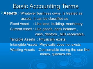 Basic Accounting TermsBasic Accounting Terms
AssetsAssets :: Whatever business owns, is treated asWhatever business owns, is treated as
assets. It can be classified asassets. It can be classified as
Fixed Asset : Like land, building, machineryFixed Asset : Like land, building, machinery
Current Asset : Like goods, bank balance ,Current Asset : Like goods, bank balance ,
cash, debtors , bills receivable.cash, debtors , bills receivable.
Tangible Assets : Physically exists.Tangible Assets : Physically exists.
Intangible Assets: Physically does not existsIntangible Assets: Physically does not exists
Wasting Assets :Consumable during the use likeWasting Assets :Consumable during the use like
mines, quarries etc.mines, quarries etc.
 