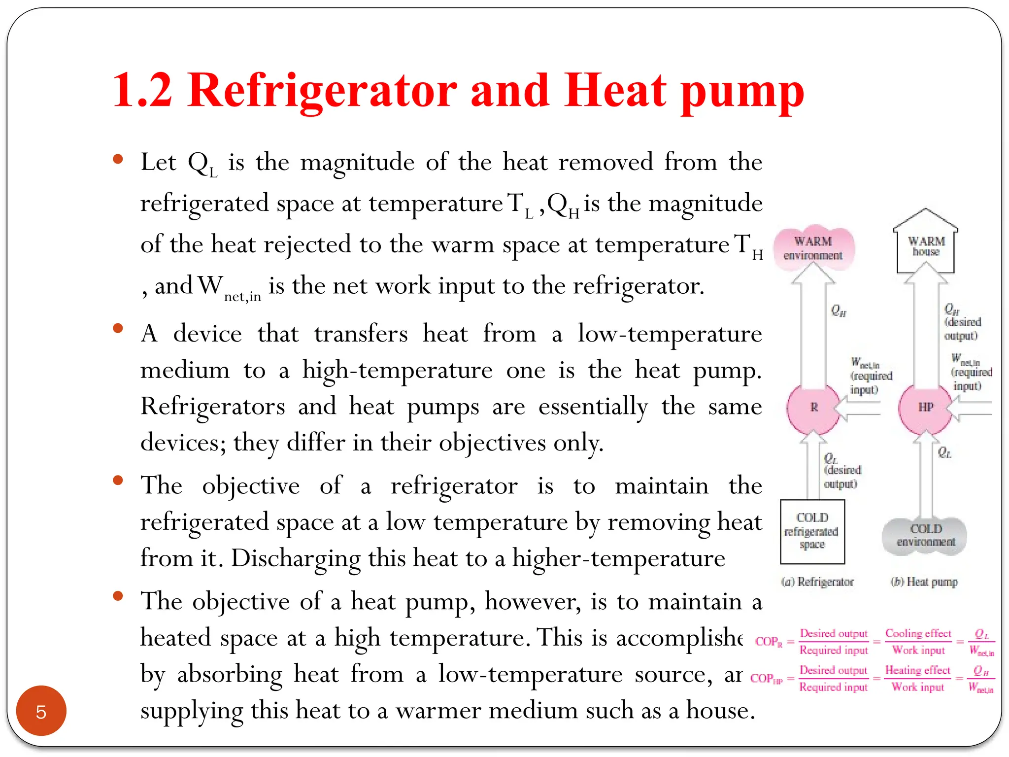 1.2 Refrigerator and Heat pump
5
 Let QL is the magnitude of the heat removed from the
refrigerated space at temperatureTL ,QH is the magnitude
of the heat rejected to the warm space at temperatureTH
, andWnet,in is the net work input to the refrigerator.
 A device that transfers heat from a low-temperature
medium to a high-temperature one is the heat pump.
Refrigerators and heat pumps are essentially the same
devices; they differ in their objectives only.
 The objective of a refrigerator is to maintain the
refrigerated space at a low temperature by removing heat
from it. Discharging this heat to a higher-temperature
 The objective of a heat pump, however, is to maintain a
heated space at a high temperature.This is accomplished
by absorbing heat from a low-temperature source, and
supplying this heat to a warmer medium such as a house.
 