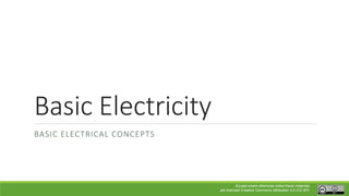 Basic Electricity
BASIC ELECTRICAL CONCEPTS
Except where otherwise noted these materials
are licensed Creative Commons Attribution 4.0 (CC BY)
 