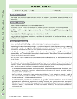 20
GuíaDidáctica-Período3-Matemática-1°BásicoApoyoCompartido
Plan de clase - Período 3 - Matemática - 1º Básico
Período 3: julio - agosto
PLAN DE CLASE 55
Semana 19
Objetivo de la clase
•	 Seleccionar una adición o sustracción para resolver un problema dado y crear problemas de adición o
sustracción.
Inicio (15 minutos)
•	 Revise la tarea y haga una puesta en común para corregirla.
•	 Recuerde al curso las partes que constituyen un problema y analice en conjunto el siguiente problema:
•	 Josefa fue a la feria a comprar papas y manzanas. Si compró 3 kilos de papas y 2 kilos de manzanas, ¿cuánto
peso cargó?
•	 Pregunte cuáles son los datos y pida que los encierren en un círculo.
•	 Pida que vean la pregunta y la subrayen. ¿Tiene relación la pregunta con los datos del problema? Pida que
justifiquen sus respuestas.
Desarrollo (55 minutos)
•	 Lea en voz alta la Actividad 1 y diga a un(a) estudiante que la explique con sus palabras.
•	 Analice la diferencia entre las preguntas a) y b). Las primeras preguntas corresponden a problemas cuya acción
está asociada a juntar y las segundas están asociadas a la acción de comparar. Se sugiere utilizar material
concreto para representar cada situación. Pida que fundamenten sus respuestas.
•	 En la Actividad 2 hay una tabla de doble entrada. Léala con el curso y analicen qué información se puede
obtener de ella. Pida que expliquen con sus propias palabras por qué seleccionaron una u otra opción dadas.
Pida que fundamenten la elección realizada.
•	 En la Actividad 3 se pide que escriban un problema utilizando la expresión que allí se indica, y representarlo
con un dibujo.
•	 Con el objeto de que el aprendizaje del cálculo sea significativo, es importante desarrollar en primera instancia la
aritmética informal, es decir, aquellas estrategias que no son definitivas ni generales como los algoritmos tradicio-
nales y pueden variar de un estudiante a otro, pues cada uno la define libremente.
-	 Los estudiantes libremente plantearán situaciones o cuentos, que sus pares deberán resolver utilizando la estra-
tegia que estimen conveniente. El propósito es que establezcan relaciones con la vida real, por lo que es impor-
tante que se utilicen contextos reales.
-	 Resolver problemas implica poner en práctica distintas habilidades. Presente la siguiente situación y evalúe la
forma de proceder de cada estudiante: Un bus escolar transporta a 9 estudiantes. Primero bajan 2 niños, luego
bajan 4, y finalmente 2. ¿Cuántas paradas hace el bus?
-	Los principales pasos para resolver un problema son los siguientes: reconocer un problema en una situación y
aceptar el desafío que implica la búsqueda de su solución; apropiarse de la situación relatándola, representán-
dola concreta o gráficamente; identificar preguntas e informaciones dadas; decidir cómo resolver el problema;
explicar qué se busca y estimar posibles soluciones; seleccionar la información útil; construir o utilizar procedi-
mientos conocidos.
 