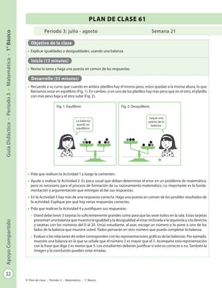 32
GuíaDidáctica-Período3-Matemática-1°BásicoApoyoCompartido
Plan de clase - Período 3 - Matemática - 1º Básico
Período 3: julio - agosto
PLAN DE CLASE 61
Semana 21
Objetivo de la clase
•	 Explicar igualdades o desigualdades, usando una balanza.
Inicio (15 minutos)
•	 Revise la tarea y haga una puesta en común de las respuestas.
Desarrollo (55 minutos)
•	 Recuerde a su curso que cuando en ambos platillos hay el mismo peso, estos quedan a la misma altura, lo que
llamamos estar en equilibrio (Fig. 1). En cambio, si en uno de los platillos hay más peso que en el otro, el platillo
con más peso baja y el otro sube (Fig. 2).
•	 Pida que realicen la Actividad 1 y luego la comenten.
•	 Ayude a realizar la Actividad 2. Es poco usual que deban determinar el error en un problema de matemática,
pero es necesario para el proceso de formación de su razonamiento matemático. Lo importante es la funda-
mentación y argumentación que entregan al dar sus respuestas.
•	 En la Actividad 3 hay más de una respuesta correcta. Haga una puesta en común de los posibles resultados de
la actividad. Explique por qué hay varias respuestas correctas.
•	 Pida que realicen la Actividad 4 y justifiquen sus respuestas:
-	 Usted debe tener 3 tarjetas lo suficientemente grandes como para que las vean todos en la sala. Estas tarjetas
presentan una balanza que muestra la igualdad y la desigualdad al estar inclinada a la izquierda y a la derecha
y tarjetas con los números del 0 al 20. Un(a) estudiante, al azar, escoge un número y lo pone a uno de los
lados de la balanza que muestre usted. Todos pensarán en otro número que pueda completar la balanza.
-	 Evaluar si las relaciones de orden corresponden con las representaciones gráficas de las balanzas. Por ejemplo,
muestre una balanza en la que se señale que el número 2 es mayor que el 5. Acompañe esta representación
con la frase que diga 2 es menor que 5. Los estudiantes deberán justificar si esto es correcto o no. También la
imagen y la conclusión pueden estar erradas.
Fig. 2: DesquilibrioFig. 1: Equilibrio
Saqué una
pelota de la
balanza.
La balanza
quedó en
equilibrio.
 