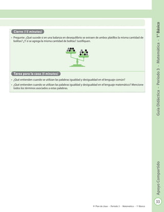 33
GuíaDidáctica-Período3-Matemática-1°BásicoApoyoCompartido
Plan de clase - Período 3 - Matemática - 1º Básico
Cierre (15 minutos)
•	 Pregunte: ¿Qué sucede si en una balanza en desequilibrio se extraen de ambos platillos la misma cantidad de
bolitas? ¿Y si se agrega la misma cantidad de bolitas? Justifiquen.
Tarea para la casa (5 minutos)
•	 ¿Qué entienden cuando se utilizan las palabras igualdad y desigualdad en el lenguaje común?
•	 ¿Qué entienden cuando se utilizan las palabras igualdad y desigualdad en el lenguaje matemático? Mencione
todos los términos asociados a estas palabras.
 