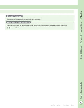 45
GuíaDidáctica-Período3-Matemática-1°BásicoApoyoCompartido
Plan de clase - Período 3 - Matemática - 1º Básico
Cierre (15 minutos)
•	 Pregunte cuál estrategia les resultó más fácil y por qué.
Tarea para la casa (5 minutos)
•	 Practicar el uso de la recta numérica para el cálculo de las sumas y restas y hacerlas en el cuaderno:
2 + 3 = 	 7 – 3 =
 