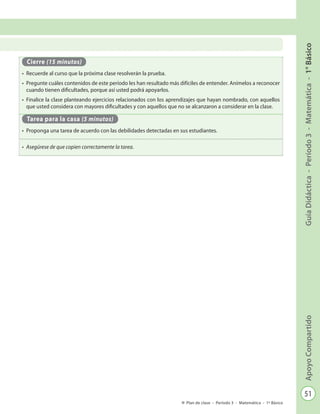 51
GuíaDidáctica-Período3-Matemática-1°BásicoApoyoCompartido
Plan de clase - Período 3 - Matemática - 1º Básico
Cierre (15 minutos)
•	 Recuerde al curso que la próxima clase resolverán la prueba.
•	 Pregunte cuáles contenidos de este período les han resultado más difíciles de entender. Anímelos a reconocer
cuando tienen dificultades, porque así usted podrá apoyarlos.
•	 Finalice la clase planteando ejercicios relacionados con los aprendizajes que hayan nombrado, con aquellos
que usted considera con mayores dificultades y con aquellos que no se alcanzaron a considerar en la clase.
Tarea para la casa (5 minutos)
•	 Proponga una tarea de acuerdo con las debilidades detectadas en sus estudiantes.
•	 Asegúrese de que copien correctamente la tarea.
 