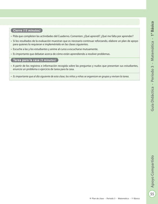 55
GuíaDidáctica-Período3-Matemática-1°BásicoApoyoCompartido
Plan de clase - Período 3 - Matemática - 1º Básico
Cierre (15 minutos)
•	 Pida que completen las actividades del Cuaderno. Comenten: ¿Qué aprendí? ¿Qué me falta por aprender?
•	 Si los resultados de la evaluación muestran que es necesario continuar reforzando, elabore un plan de apoyo
para quienes lo requieran e impleméntelo en las clases siguientes.
•	 Escuche a las y los estudiantes y anime al curso a escucharse mutuamente.
•	 Es importante que debatan acerca de cómo están aprendiendo a resolver problemas.
Tarea para la casa (5 minutos)
•	 A partir de los registros e información recogida sobre las preguntas y nudos que presentan sus estudiantes,
enuncie un problema o ejercicio de tarea para la casa.
•	 Es importante que al día siguiente de esta clase, los niños y niñas se organicen en grupos y revisen la tarea.
 