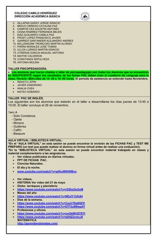COLEGIO CAMILO HENRÍQUEZ
DIRECCIÓN ACADÉMICA BÁSICA
3. AILLAPAN GARAY JORGE IGNACIO
4. BRAVO ORREGO CATALINA PAZ
5. CAMPOS CEA AGUSTIN ANTONIO
6. CIGNA RAMIREZ FERNANDA BELEN
7. DIAZ GUAJARDO CAMILA PAZ
8. FROST LOPEZ FRANCISCO JAVIER
9. GARRIDO SANTANDER ALEJANDRO ANDRES
10. KELLENDONK TRONCOSO MARTIN ALONSO
11. PARRA MORALES JOSE TOMAS
12. ULLOA LUENGO MARTIN IGNACIO
13. UTRERAS GARCIA MAGUEL ANTONIO
14. MAITHE CALDERON
15. CONSTANZA SEPULVEDA
16. ANTONIA MOLINA
TALLER PSICOPEDAGOGÍA:
 Los alumnos que fueron citados a taller de psicopedagogía son todos los alumnos que se encuentren
en INSUFICIENTE según los resultados de las fichas PAC deben traer el cuaderno de Lenguaje para la
clase. Horario: Miércoles de 13: 45 a 15: 00 horas. El periodo de asistencia se extiende hasta Noviembre.
 RENATO LEPIN
 JAVIER ZAMORANO
 ANALIA CHEA
 MATEO SOBARZO
TALLER PAC DE INGLÉS.
Los siguientes son los alumnos que estarán en el taller a desarrollarse los días jueves de 13:45 a
15:00. El taller concluye el 26 de noviembre.
1ero A
- Soto Constanza
- Ojeda
- Moreno
- Gutiérrez
- Calfín
- Basaure
AULA VIRTUAL / BIBLIOTECA VIRTUAL:
*En el “AULA VIRTUAL” en esta sesión se puede encontrar la revisión de las FICHAS PAC y TEST ME
PREPARO (un test que puede realizar el alumno en forma virtual antes de realizar una evaluación).
*En la “BIBLIOTECA VIRTUAL” en esta sesión se puede encontrar material trabajado en clases y
material complementario a las asignaturas.
 Ver videos publicados en diarios virtuales.
 PPT DE FICHAS PAC.
 Ciencias Naturales.
 El día y la noche.
 www.youtube.com/watch?v=gHhyW9HRBvo
 Ver videos.
 HISTORIA Ver video del 21 de mayo
 Globo terráqueo y planisferio
 https://www.youtube.com/watch?v=rGStyUlu5uM
 Meses del año
 https://www.youtube.com/watch?v=NEyIY1Ufx94
 Días de la semana.
 https://www.youtube.com/watch?v=CzuhT8qNQF8
 https://www.youtube.com/watch?v=07F3u6Wwp4Y
 Profesiones y oficios
 https://www.youtube.com/watch?v=ooOkMVQTRTI
 https://www.youtube.com/watch?v=bjfAZ2cmxJ0
MATEMÁTICA
http://aprendiendomates.com/
 