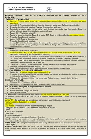 COLEGIO CAMILO HENRÍQUEZ
DIRECCIÓN ACADÉMICA BÁSICA
 Colación saludable: Lunes día de la FRUTA, Miércoles día del CEREAL, Viernes día de la
ENSALADA.
LENGUAJE Y COMUNICACIÓN:
 Recordar: Trabajar textos largos para desarrollar la comprensión lectora de todos los tipos de textos
estudiados.
 Lunes 16/11: Comprensión de lectura de textos literarios y no literarios. Refuerzo de contenidos.
 Presentar el cuaderno de escritura. Revisión de las páginas realizadas.
 Estudiar los siguientes textos rondas, afiche, receta, leyenda, estudiar los tipos de preguntas. Reconocer
verbos, artículos, sustantivos, adjetivos, género y número.
 Martes 17/11: Trabajo de redacción.
 Mandar el cuaderno de copia. Texto de la página 102. Seguir el modelo del texto. Alumnos pendientes.
 Presentar el cuaderno de escritura.
 Jueves 19/11: Refuerzo de contenidos.
 Presentar el cuaderno de escritura.
 Viernes 20/11: Evaluación de proceso los alumnos deben saber su dialogo de memoria trabajado en
clases. Presentar los títeres y dialogo impreso. Nota: El dialogo debe tener 10 líneas, para que puedan
decir cada alumno 5 líneas.
MATEMÁTICA:
 Lunes 16/11: Refuerzo de contenidos.
 Reforzar números del 1 al 100, escritura de números. Se inicia nueva numeración del 100 al 150.
 Mandar los libros “Sé”. (Libro y cuaderno de ejercicios).
 En el libro “Sé” se inicia el periodo de revisión de las unidades trabajadas unidad 1 “Números hasta el
10”, unidad 2 de “Geometría”, unidad 3 “Números hasta el 20” y unidad 4 “Álgebra y patrones”.
 Miércoles 18/11. Cálculo mental con nota para los alumnos pendientes y ausentes. Reforzar problemas.
Mandar el cuadernillo del libro “SÉ” y libro “SÉ”
 Jueves 19/ 11: El libro “Sé” se quedará para revisión de todas las actividades desarrolladas.
 Presentar cuaderno de ejercicios del libro “Sé”.
Nota: El libro de Matemáticas del Ministerio se dejó en sala para trabajar en clases.
HISTORIA, GEOGRAFÍA Y CIENCIAS SOCIALES:
 Martes 17/11: Presentar cuaderno para evaluación final.
 Presentar el libro ministerial forrado de color amarillo los días de la asignatura. Se inicio el proceso de
revisión de las actividades del libro.
 Miércoles 18/11: Lección 5. Chile y sus personajes. Trabajaremos en las actividades del libro.
CIENCIAS NATURALES:
 Miércoles 18/11: Trabajo en el libro.
 Viernes 20/11: Presentación del libro. Trabajaremos las estaciones del año.
INGLES: Profesor a cargo de la asignatura Germán Villalón.
 Traer cuaderno.
 Próximo temas de trabajo: Los hábitos.
 Tema: Rutinas diarias.
TECNOLOGÍA: Esta asignatura se llevará a cabo las dos últimas semanas de cada mes.
Los alumnos deben practicar en casa colocar el pendrive en el computador, conocer los pasos para grabar
archivos.
Martes 17/11. Se continuará con el modelo de marioneta en concreto (con los materiales).
Traer un cuaderno. Evaluación de proceso.
Materiales.
Guía modelo. Presentar los moldes en cartón de la figura elegida.
Traer goma eva en cantidad y color a elección para marcar el modelo.
Tijeras
Accesorios (ojos móviles)
Pegamento.
Chinches mariposas (6)
Traer los materiales en una bolsa Ziploc con el nombre.
Nota: Se revisaron los cuadernos con los modelos de marioneta de los alumnos responsables (tienen un punto
base en evaluación de proceso), revisar los comentarios.
ARTES VISUALES: La asignatura se implementará el segundo semestre en una hora los días miércoles.
Trabajo digital.
Actividad de proceso: miércoles 18/11. Solicitud de materiales. Para la siguiente semana se solicita traer:
Sobre de papel lustre pequeño. (2 sobres). Trabajo de proceso de la técnica recorte a dedo. Preparando el
evento.
 