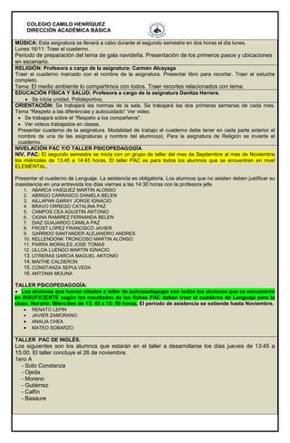 COLEGIO CAMILO HENRÍQUEZ
DIRECCIÓN ACADÉMICA BÁSICA
MÚSICA: Esta asignatura se llevará a cabo durante el segundo semestre en dos horas el día lunes.
Lunes 16/11: Traer el cuaderno.
Periodo de preparación del tema de gala navideña. Presentación de los primeros pasos y ubicaciones
en escenario.
RELIGIÓN: Profesora a cargo de la asignatura: Carmen Alcayaga
Traer el cuaderno marcado con el nombre de la asignatura. Presentar libro para recortar. Traer el estuche
completo.
Tema: El medio ambiente lo compartimos con todos. Traer recortes relacionados con tema.
EDUCACIÓN FÍSICA Y SALUD: Profesora a cargo de la asignatura Danitza Herrera.
 Se inicia unidad. Polideportivo.
ORIENTACIÓN: Se trabajará las normas de la sala. Se trabajará las dos primeras semanas de cada mes.
Tema “Respeto a las diferencias y autocuidado” Ver video.
 Se trabajará sobre el “Respeto a los compañeros”.
 Ver videos trabajados en clases.
Presentar cuaderno de la asignatura. Modalidad de trabajo el cuaderno debe tener en cada parte exterior el
nombre de una de las asignaturas y nombre del alumno(a). Para la asignatura de Religión se invierte el
cuaderno.
NIVELACIÓN PAC Y/O TALLER PSICOPEDAGOGÍA
NIV. PAC: El segundo semestre se inicia con un grupo de taller del mes de Septiembre al mes de Noviembre
los miércoles de 13:45 a 14:45 horas. El taller PAC es para todos los alumnos que se encuentren en nivel
ELEMENTAL.
Presentar el cuaderno de Lenguaje. La asistencia es obligatoria. Los alumnos que no asisten deben justificar su
inasistencia en una entrevista los días viernes a las 14:30 horas con la profesora jefe.
1. ABARCA VASQUEZ MARTIN ALONSO
2. ABRIGO CARRASCO DANIELA BELEN
3. AILLAPAN GARAY JORGE IGNACIO
4. BRAVO ORREGO CATALINA PAZ
5. CAMPOS CEA AGUSTIN ANTONIO
6. CIGNA RAMIREZ FERNANDA BELEN
7. DIAZ GUAJARDO CAMILA PAZ
8. FROST LOPEZ FRANCISCO JAVIER
9. GARRIDO SANTANDER ALEJANDRO ANDRES
10. KELLENDONK TRONCOSO MARTIN ALONSO
11. PARRA MORALES JOSE TOMAS
12. ULLOA LUENGO MARTIN IGNACIO
13. UTRERAS GARCIA MAGUEL ANTONIO
14. MAITHE CALDERON
15. CONSTANZA SEPULVEDA
16. ANTONIA MOLINA
TALLER PSICOPEDAGOGÍA:
 Los alumnos que fueron citados a taller de psicopedagogía son todos los alumnos que se encuentren
en INSUFICIENTE según los resultados de las fichas PAC deben traer el cuaderno de Lenguaje para la
clase. Horario: Miércoles de 13: 45 a 15: 00 horas. El periodo de asistencia se extiende hasta Noviembre.
 RENATO LEPIN
 JAVIER ZAMORANO
 ANALIA CHEA
 MATEO SOBARZO
TALLER PAC DE INGLÉS.
Los siguientes son los alumnos que estarán en el taller a desarrollarse los días jueves de 13:45 a
15:00. El taller concluye el 26 de noviembre.
1ero A
- Soto Constanza
- Ojeda
- Moreno
- Gutiérrez
- Calfín
- Basaure
 