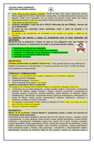 COLEGIO CAMILO HENRÍQUEZ
DIRECCIÓN ACADÉMICA BÁSICA
 Traer todos los días estuche completo: Consta de lápiz mina, goma, lápices de colores,
tijeras, pegamento en barra, lápiz bicolor, sacapuntas. Los útiles del estuche al igual que el
estuche, deben venir marcados con el nombre del alumno. Evitar útiles que tengan
demasiados diseños u adornos para evitar la desconcentración del niño(a).
 Traer todos los días diccionario.
 Colación saludable: Lunes día de la FRUTA, Miércoles día del CEREAL, Viernes día
de la ENSALADA.
 El resto de los materiales serán solicitados clase a clase de acuerdo a la
programación.
 Se solicita a los apoderados ser puntuales en los horarios de ingreso y salida de los
alumnos.
La asistencia del alumno a clases es fundamental para el buen desarrollo del
aprendizaje.
Recuerde que la asistencia a clases no solo es una obligación sino que también un
derecho del alumno. La importancia de asistir a la jornada escolar implica:
 Mantenerse al día en los contenidos
 Escuchar las explicaciones orales de la profesora
 Mantener un desarrollo social adecuado a la edad del alumno
 Participar de actividades dentro del aula
 Aprender de pares.
IMPORTANTE:
ESTIMULACIÓN PARA ALUMNOS FICHAS PAC: Todos aquellos alumnos que obtengan al
finalizar el semestre un nivel adecuado (7 u 8 puntos), llevarán una nota 7.0 al libro de clases
de la asignatura correspondiente.
LENGUAJE Y COMUNICACIÓN:
 Martes 17 de noviembre traer cuaderno caligrafía con actividades realizadas.
 Páginas del texto trabajadas:
 Cuadernillo lenguaje: Terminado.
 Texto ministerial hasta página: Terminado.
cuaderno universitario, libro y cuadernillo
(El cuaderno de Lenguaje debe presentar todos los contenidos trabajados hasta hoy).
 Contenidos que se están trabajando: vocales iniciales, finales e intermedias, consonantes
cantidad de sílabas, sílabas iniciales y finales, escritura manuscrita, mayúsculas en
nombres propios, conectores, artículos definidos, textos literarios no literarios, afiche,
trabalenguas y adivinanzas, comprensión lectora, signos de exclamación e interrogación, la
receta, la fábula, verbos, grupos consonánticos, adjetivos calificativos, sinónimos y
antónimos, el afiche, la noticia, la leyenda.
 Se trabajará: Comprensión lectora, textos de diálogos (el cómic; traer una revista de cómic
para todas las clases de lenguaje).
 Repasar contenidos trabajados.
MATEMÁTICA:
Martes 24 de noviembre “Cálculo Mental 4” (prepararse sumas y restas con reservas en
10 minutos). Nota acumulativa
Contenidos que se están trabajando: Números del 0 al 100, relación número – cantidad, conteo
y agrupaciones, 10 como decenas, líneas curvas y rectas, figuras geométricas, sumas simples,
componer y descomponer cantidades, mayor que, menor que e igual, números ordinales,
cuerpos geométrico, figuras geométricas 3D-2D, sustracción, resolución de problemas, sumas,
restas, resolución de problemas simples, recta numérica, secuencias, cuerpos geométricos,
valor posicional unidad y decena, valor posicional, composición y descomposición aditiva,
estimaciones, escritura de números hasta el 100, sumas y restas con reservas, datos y
 