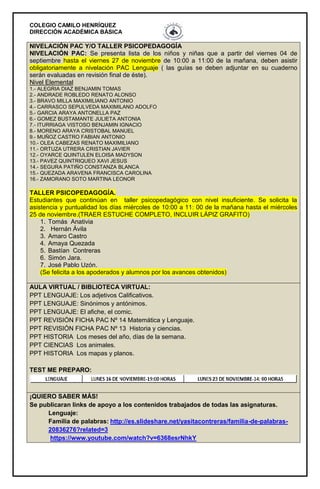 COLEGIO CAMILO HENRÍQUEZ
DIRECCIÓN ACADÉMICA BÁSICA
NIVELACIÓN PAC Y/O TALLER PSICOPEDAGOGÍA
NIVELACIÓN PAC: Se presenta lista de los niños y niñas que a partir del viernes 04 de
septiembre hasta el viernes 27 de noviembre de 10:00 a 11:00 de la mañana, deben asistir
obligatoriamente a nivelación PAC Lenguaje ( las guías se deben adjuntar en su cuaderno
serán evaluadas en revisión final de éste).
Nivel Elemental
1.- ALEGRIA DIAZ BENJAMIN TOMAS
2.- ANDRADE ROBLEDO RENATO ALONSO
3.- BRAVO MILLA MAXIMILIANO ANTONIO
4.- CARRASCO SEPULVEDA MAXIMILANO ADOLFO
5.- GARCIA ARAYA ANTONELLA PAZ
6.- GOMEZ BUSTAMANTE JULIETA ANTONIA
7.- ITURRIAGA VISTOSO BENJAMIN IGNACIO
8.- MORENO ARAYA CRISTOBAL MANUEL
9.- MUÑOZ CASTRO FABIAN ANTONIO
10.- OLEA CABEZAS RENATO MAXIMILIANO
11.- ORTUZA UTRERA CRISTIAN JAVIER
12.- OYARCE QUINTULEN ELOISA MADYSON
13.- PAVEZ QUINTRIQUEO XAVI JESUS
14.- SEGURA PATIÑO CONSTANZA BLANCA
15.- QUEZADA ARAVENA FRANCISCA CAROLINA
16.- ZAMORANO SOTO MARTINA LEONOR
TALLER PSICOPEDAGOGÍA.
Estudiantes que continúan en taller psicopedagógico con nivel insuficiente. Se solicita la
asistencia y puntualidad los días miércoles de 10:00 a 11: 00 de la mañana hasta el miércoles
25 de noviembre.(TRAER ESTUCHE COMPLETO, INCLUIR LÁPIZ GRAFITO)
1. Tomás Anativia
2. Hernán Ávila
3. Amaro Castro
4. Amaya Quezada
5. Bastían Contreras
6. Simón Jara.
7. José Pablo Uzón.
(Se felicita a los apoderados y alumnos por los avances obtenidos)
AULA VIRTUAL / BIBLIOTECA VIRTUAL:
PPT LENGUAJE: Los adjetivos Calificativos.
PPT LENGUAJE: Sinónimos y antónimos.
PPT LENGUAJE: El afiche, el comic.
PPT REVISIÓN FICHA PAC Nº 14 Matemática y Lenguaje.
PPT REVISIÓN FICHA PAC Nº 13 Historia y ciencias.
PPT HISTORIA Los meses del año, días de la semana.
PPT CIENCIAS Los animales.
PPT HISTORIA Los mapas y planos.
TEST ME PREPARO:
¡QUIERO SABER MÁS!
Se publicaran links de apoyo a los contenidos trabajados de todas las asignaturas.
Lenguaje:
Familia de palabras: http://es.slideshare.net/yasitacontreras/familia-de-palabras-
20836276?related=3
https://www.youtube.com/watch?v=6368esrNhkY
 