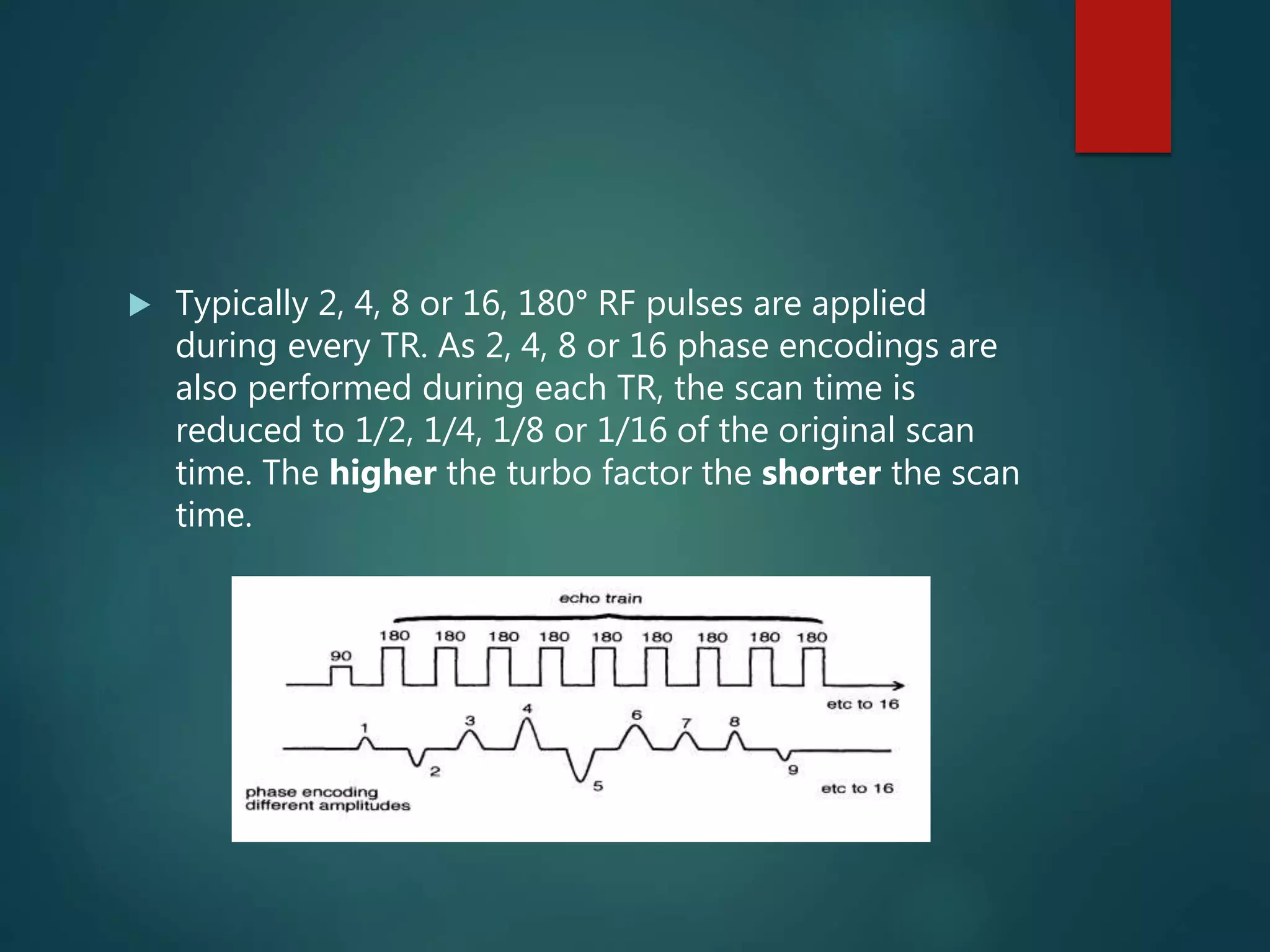  Typically 2, 4, 8 or 16, 180° RF pulses are applied
during every TR. As 2, 4, 8 or 16 phase encodings are
also performed during each TR, the scan time is
reduced to 1/2, 1/4, 1/8 or 1/16 of the original scan
time. The higher the turbo factor the shorter the scan
time.
 
