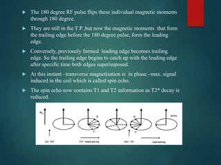  The 180 degree RF pulse flips these individual magnetic moments
through 180 degree.
 They are still in the T P ,but now the magnetic moments that form
the trailing edge before the 180 degree pulse, form the leading
edge.
 Conversely, previously formed leading edge becomes trailing
edge. So the trailing edge begins to catch up with the leading edge
after specific time both edges superimposed.
 At this instant –transverse magnetisation is in phase –max. signal
induced in the coil which is called spin echo.
 The spin echo now contains T1 and T2 information as T2* decay is
reduced.
 