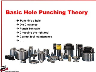    Punching a hole Die Clearance Punch Tonnage Choosing the right tool Correct tool maintenance … Basic Hole Punching Theory  