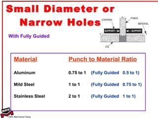 Material Aluminum Mild Steel Stainless Steel Punch to Material Ratio 0.75 to 1  (Fully Guided  0.5 to 1) 1 to 1  (Fully Guided  0.75 to 1) 2 to 1  (Fully Guided  1 to 1) Small Diameter or Narrow Holes With Fully Guided 