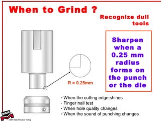 R = 0.25mm Sharpen when a 0.25 mm radius forms on the punch or the die When the cutting edge shines Finger nail test When hole quality changes When the sound of punching changes Recognize dull tools When to Grind ? 
