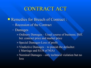 CONTRACT ACT Remedies for Breach of Contract : Recession of the Contract Damages Ordinary Damages – Usual course of business; Diff. bet. contract price and market price Special Damages-Loss of profit Vindictive Damages – to punish the defaulter.  ( Marriage and S138 of NIA) Nominal Damages – only technical violation but no loss 