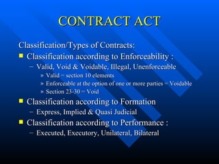 CONTRACT ACT Classification/Types of Contracts: Classification according to Enforceability : Valid, Void & Voidable, Illegal, Unenforceable Valid = section 10 elements Enforceable at the option of one or more parties = Voidable Section 23-30 = Void Classification according to Formation  Express, Implied & Quasi Judicial Classification according to Performance : Executed, Executory, Unilateral, Bilateral 