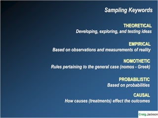THEORETICAL
Developing, exploring, and testing ideas
EMPIRICAL
Based on observations and measurements of reality
NOMOTHETIC
Rules pertaining to the general case (nomos - Greek)
PROBABILISTIC
Based on probabilities
CAUSAL
How causes (treatments) effect the outcomes
Sampling Keywords
 