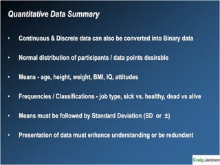 Quantitative Data Summary
• Continuous & Discrete data can also be converted into Binary data
• Normal distribution of participants / data points desirable
• Means - age, height, weight, BMI, IQ, attitudes
• Frequencies / Classifications - job type, sick vs. healthy, dead vs alive
• Means must be followed by Standard Deviation (SD or ±)
• Presentation of data must enhance understanding or be redundant
 