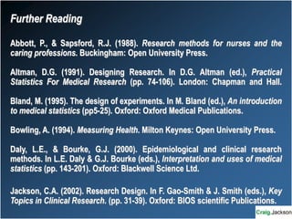 Further Reading
Abbott, P., & Sapsford, R.J. (1988). Research methods for nurses and the
caring professions. Buckingham: Open University Press.
Altman, D.G. (1991). Designing Research. In D.G. Altman (ed.), Practical
Statistics For Medical Research (pp. 74-106). London: Chapman and Hall.
Bland, M. (1995). The design of experiments. In M. Bland (ed.), An introduction
to medical statistics (pp5-25). Oxford: Oxford Medical Publications.
Bowling, A. (1994). Measuring Health. Milton Keynes: Open University Press.
Daly, L.E., & Bourke, G.J. (2000). Epidemiological and clinical research
methods. In L.E. Daly & G.J. Bourke (eds.), Interpretation and uses of medical
statistics (pp. 143-201). Oxford: Blackwell Science Ltd.
Jackson, C.A. (2002). Research Design. In F. Gao-Smith & J. Smith (eds.), Key
Topics in Clinical Research. (pp. 31-39). Oxford: BIOS scientific Publications.
 