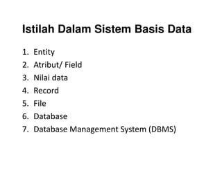 Istilah Dalam Sistem Basis Data
1. Entity
2. Atribut/ Field
3. Nilai data
4. Record4. Record
5. File
6. Database
7. Database Management System (DBMS)
 