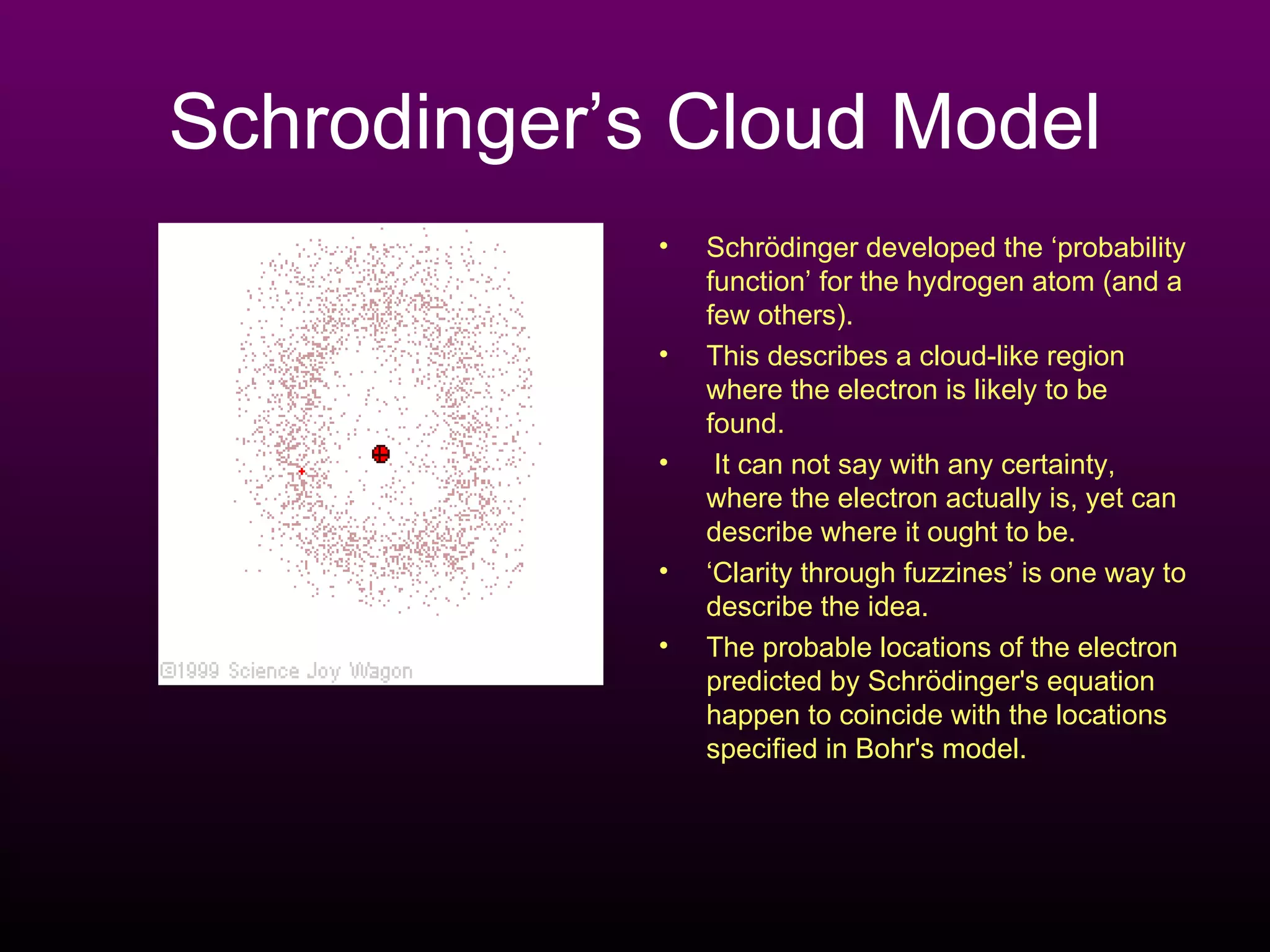 Schrodinger’s Cloud Model Schrödinger developed the ‘probability function’ for the hydrogen atom (and a few others).   This describes a cloud-like region where the electron is likely to be found.  It can not say with any certainty, where the electron actually is, yet can describe where it ought to be.    ‘ Clarity through fuzzines’ is one way to describe the idea.  The probable locations of the electron predicted by Schrödinger's equation happen to coincide with the locations specified in Bohr's model. 