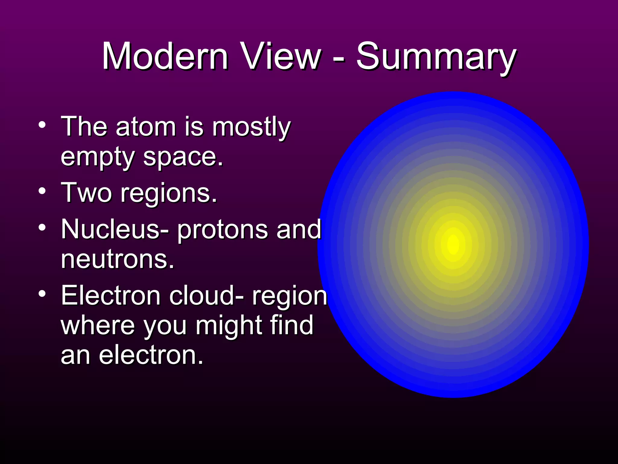 Modern View - Summary The atom is mostly empty space. Two regions. Nucleus- protons and   neutrons. Electron cloud- region where you might find an electron. 