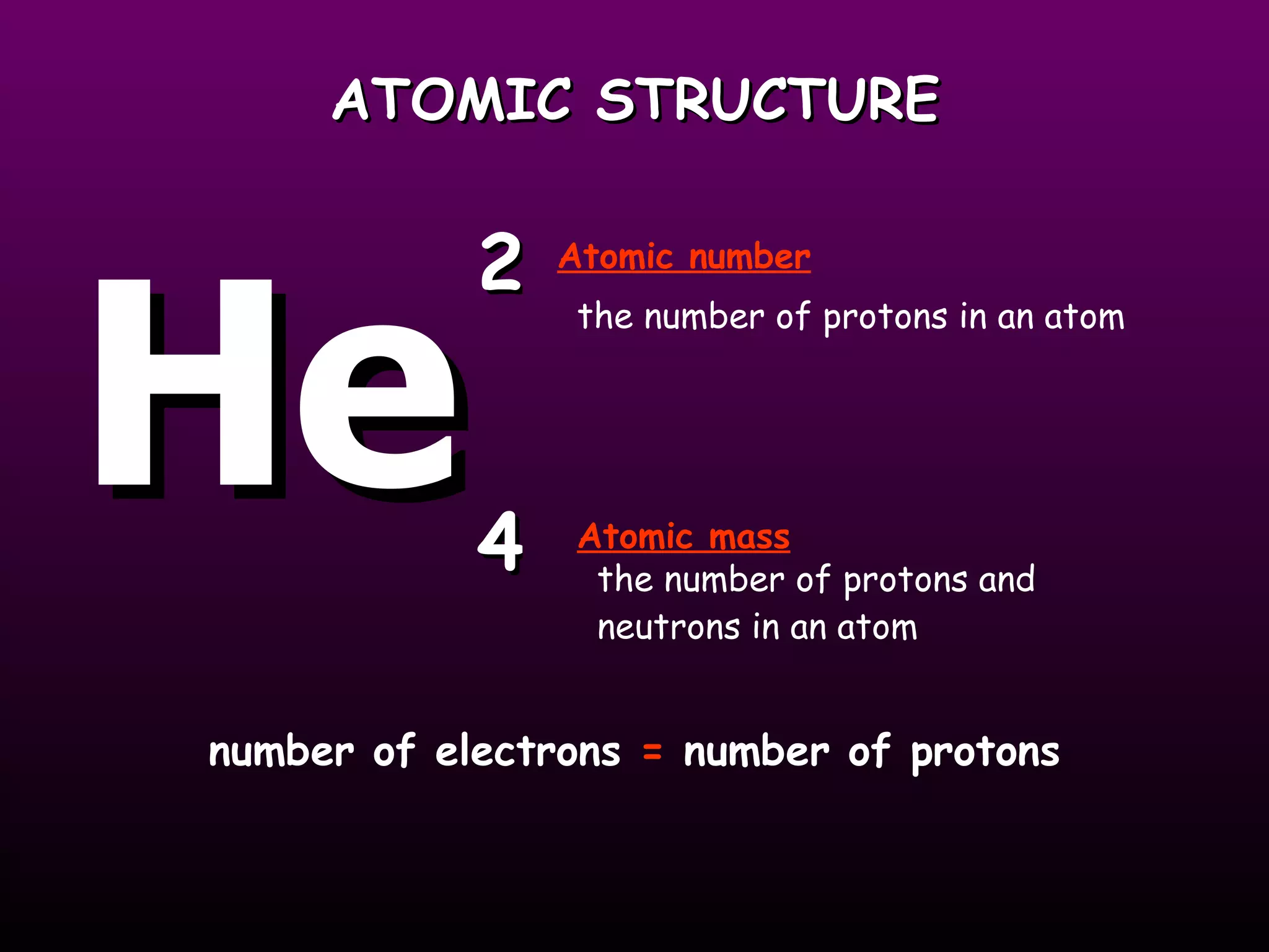 ATOMIC STRUCTURE the number of protons in an atom the number of protons and  neutrons in an atom He 2 4 Atomic mass Atomic number number of electrons  =  number of protons 