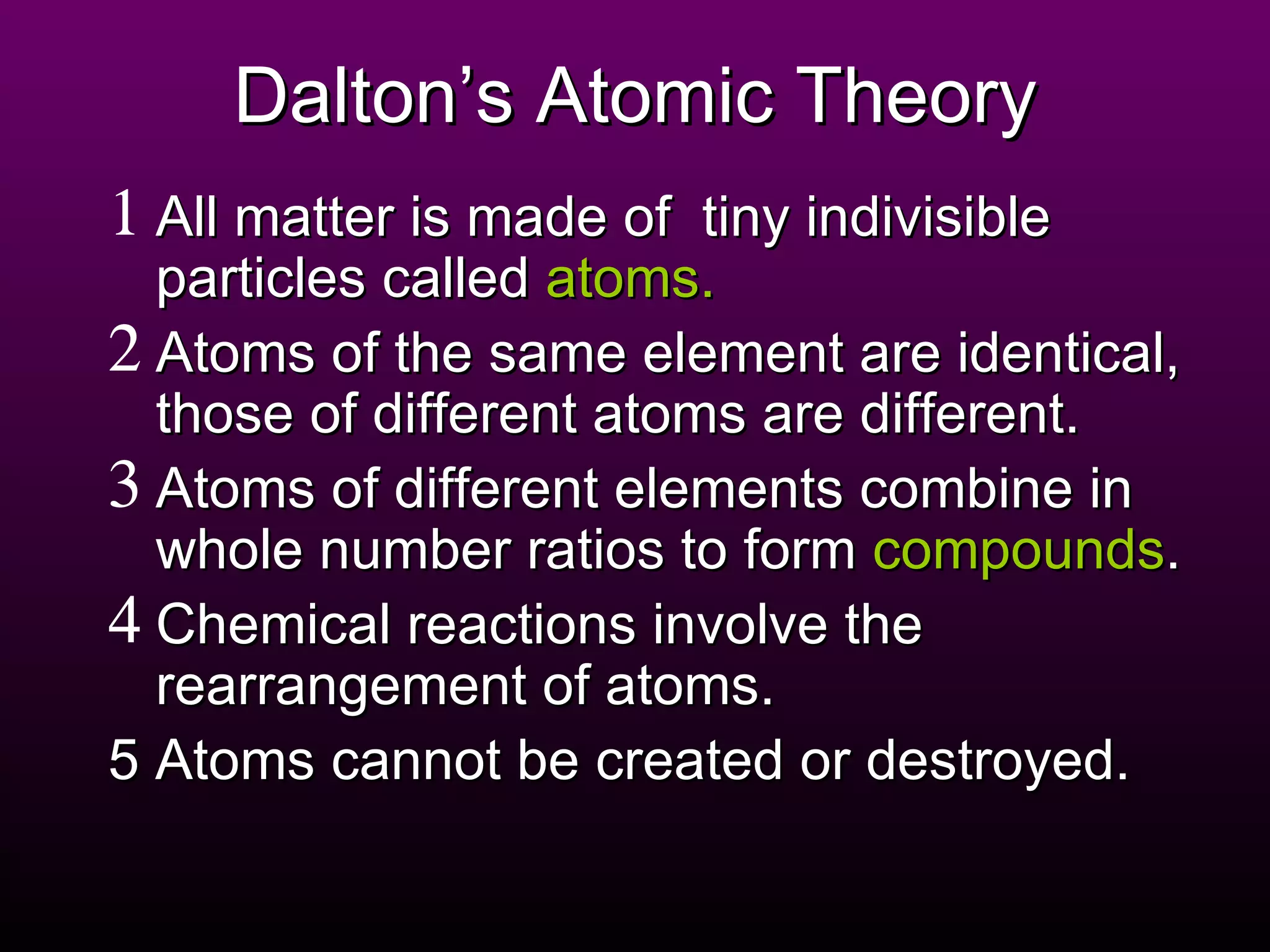 Dalton’s Atomic Theory All matter is made of  tiny indivisible particles called  atoms. Atoms of the same element are identical, those of different atoms are different. Atoms of different elements combine in whole number ratios to form  compounds . Chemical reactions involve the rearrangement of atoms.  5 Atoms cannot be created or destroyed. 