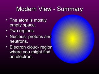 Modern View - Summary The atom is mostly empty space. Two regions. Nucleus- protons and   neutrons. Electron cloud- region where you might find an electron. 