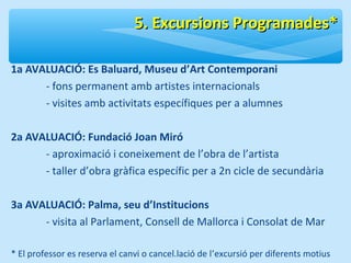 55.. EExxccuurrssiioonnss PPrrooggrraammaaddeess** 
1a AVALUACIÓ: Es Baluard, Museu d’Art Contemporani 
- fons permanent amb artistes internacionals 
- visites amb activitats específiques per a alumnes 
2a AVALUACIÓ: Fundació Joan Miró 
- aproximació i coneixement de l’obra de l’artista 
- taller d’obra gràfica específic per a 2n cicle de secundària 
3a AVALUACIÓ: Palma, seu d’Institucions 
- visita al Parlament, Consell de Mallorca i Consolat de Mar 
* El professor es reserva el canvi o cancel.lació de l’excursió per diferents motius 
 