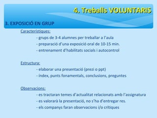 3. EXPOSICIÓ EN GRUP 
Característiques: 
44.. TTrreebbaallllss VVOOLLUUNNTTAARRIISS 
- grups de 3-4 alumnes per treballar a l’aula 
- preparació d’una exposició oral de 10-15 min. 
- entrenament d’habilitats socials i autocontrol 
Estructura: 
- elaborar una presentació (prezi o ppt) 
- índex, punts fonamentals, conclusions, preguntes 
Observacions: 
- es tractaran temes d’actualitat relacionats amb l’assignatura 
- es valorarà la presentació, no s’ha d’entregar res. 
- els companys faran observacions i/o crítiques 
 