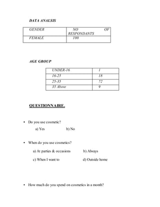 DATA ANALSIS
GENDER NO OF
RESPONDANTS
FEMALE 100
AGE GROUP
UNDER-16 1
16-25 18
25-35 72
35 Above 9
QUESTIONNAIRE.
• Do you use cosmetic?
a) Yes b) No
• When do you use cosmetics?
a) At parties & occasions b) Always
c) When I want to d) Outside home
• How much do you spend on cosmetics in a month?
 
