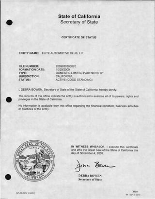 Elite Auto Club LP Certificate of Good standing | PDF