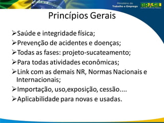 Princípios Gerais
Saúde e integridade física;
Prevenção de acidentes e doenças;
Todas as fases: projeto-sucateamento;
Para todas atividades econômicas;
Link com as demais NR, Normas Nacionais e
Internacionais;
Importação, uso,exposição, cessão....
Aplicabilidade para novas e usadas.
 