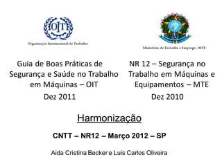 Guia de Boas Práticas de
Segurança e Saúde no Trabalho
em Máquinas – OIT
Dez 2011
NR 12 – Segurança no
Trabalho em Máquinas e
Equipamentos – MTE
Dez 2010
Harmonização
CNTT – NR12 – Março 2012 – SP
Aida Cristina Becker e Luis Carlos Oliveira
 