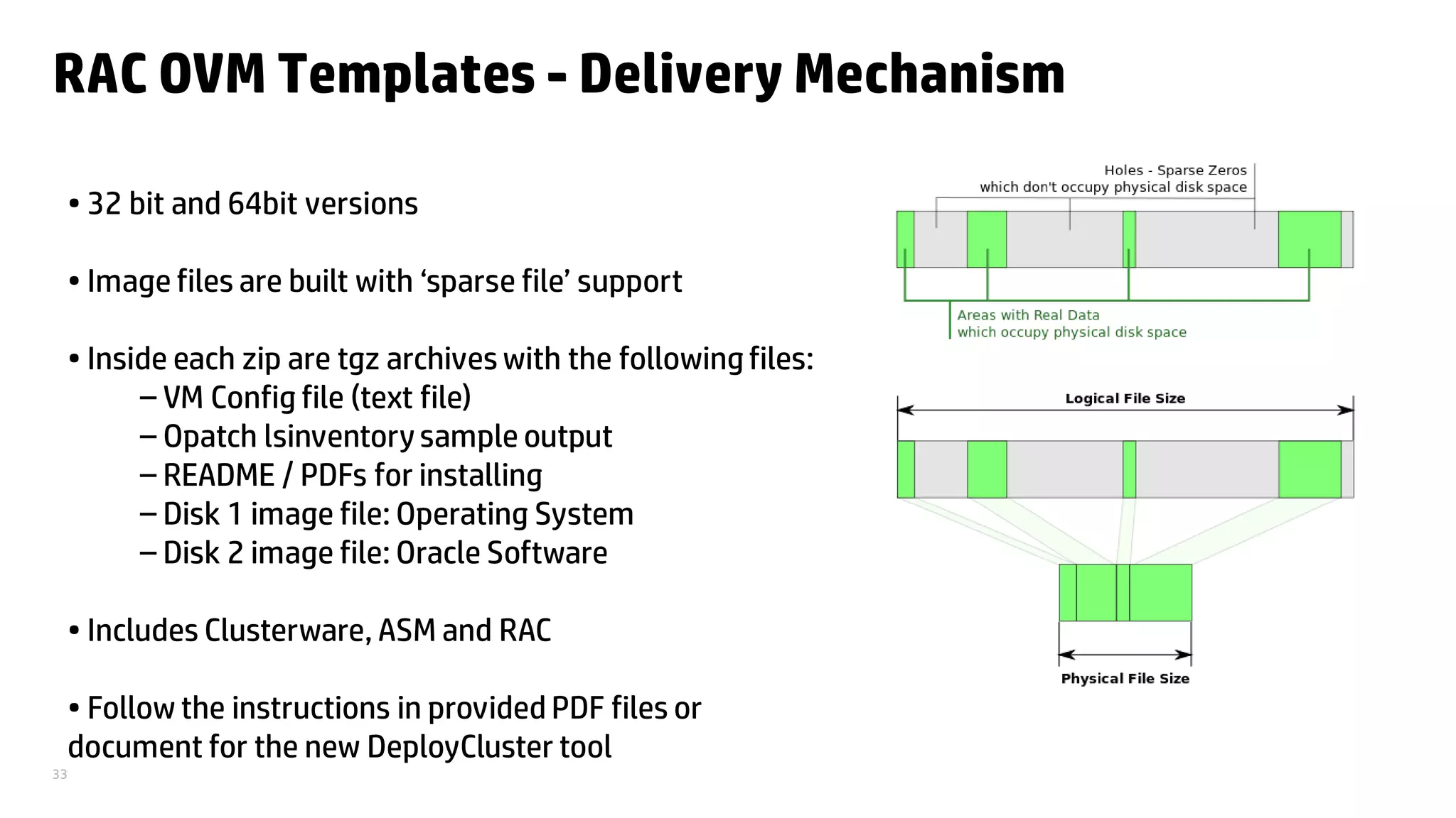 33
RAC OVM Templates - Delivery Mechanism
• 32 bit and 64bit versions
• Image files are built with ‘sparse file’ support
• Inside each zip are tgz archives with the followingfiles:
– VM Config file (text file)
– Opatch lsinventorysample output
– README / PDFs for installing
– Disk 1 image file: Operating System
– Disk 2 image file: Oracle Software
• Includes Clusterware, ASM and RAC
• Follow the instructions in provided PDF files or
document for the new DeployCluster tool
 