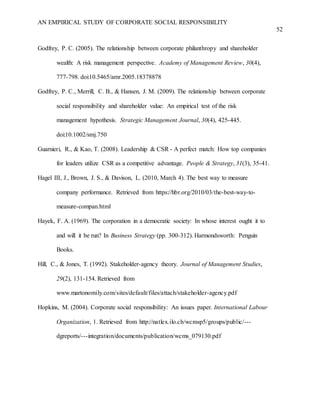 AN EMPIRICAL STUDY OF CORPORATE SOCIAL RESPONSIBILITY
52
Godfrey, P. C. (2005). The relationship between corporate philanthropy and shareholder
wealth: A risk management perspective. Academy of Management Review, 30(4),
777-798. doi:10.5465/amr.2005.18378878
Godfrey, P. C., Merrill, C. B., & Hansen, J. M. (2009). The relationship between corporate
social responsibility and shareholder value: An empirical test of the risk
management hypothesis. Strategic Management Journal, 30(4), 425-445.
doi:10.1002/smj.750
Guarnieri, R., & Kao, T. (2008). Leadership & CSR - A perfect match: How top companies
for leaders utilize CSR as a competitive advantage. People & Strategy, 31(3), 35-41.
Hagel III, J., Brown, J. S., & Davison, L. (2010, March 4). The best way to measure
company performance. Retrieved from https://hbr.org/2010/03/the-best-way-to-
measure-compan.html
Hayek, F. A. (1969). The corporation in a democratic society: In whose interest ought it to
and will it be run? In Business Strategy (pp. 300-312). Harmondsworth: Penguin
Books.
Hill, C., & Jones, T. (1992). Stakeholder-agency theory. Journal of Management Studies,
29(2), 131-154. Retrieved from
www.martonomily.com/sites/default/files/attach/stakeholder-agency.pdf
Hopkins, M. (2004). Corporate social responsibility: An issues paper. International Labour
Organization, 1. Retrieved from http://natlex.ilo.ch/wcmsp5/groups/public/---
dgreports/---integration/documents/publication/wcms_079130.pdf
 
