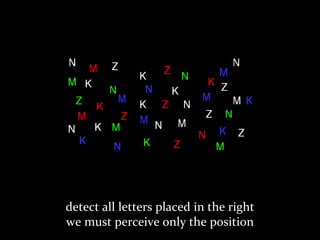 Master on Software Engineering :: Human-Computer Interaction
Dr. Sabin-Corneliu Buraga – www.purl.org/net/busaco
detect all letters placed in the right
we must perceive only the position
 